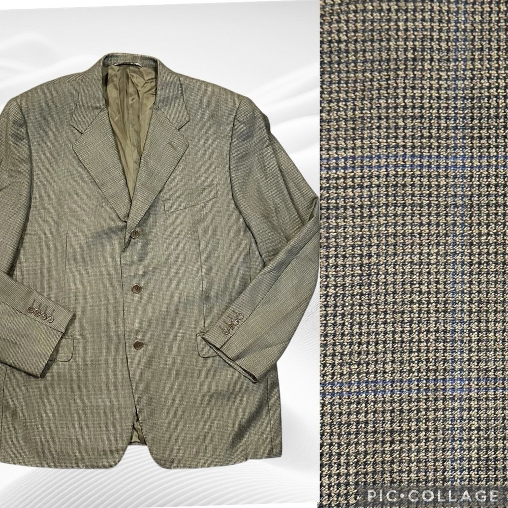CANALI 46R Fratelli S120's Wool Micro Houndstooth‎ Windowpane Olive Green *flaw*